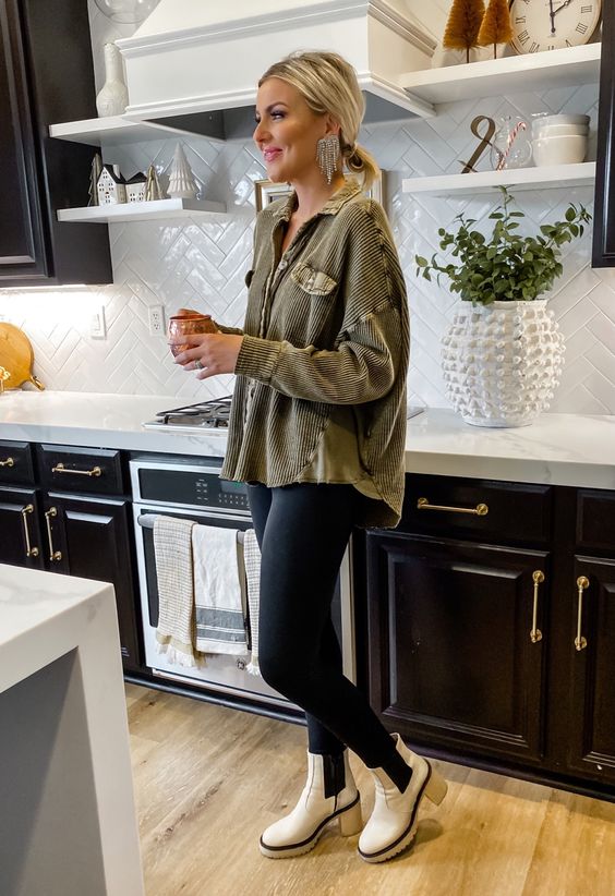 Corduroy Shirt Jacket with White Chelsea Boots